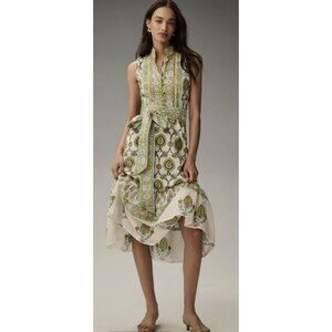 SUE SARTOR Sleeveless A-Line Paloma Flounce Midi Dress Cottage Boho Paisley